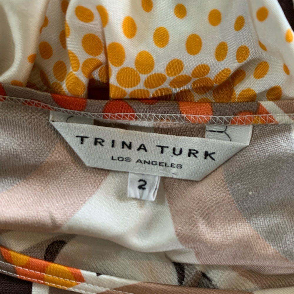 Trina Turk Silk Dress Women 2 Geometric Mod Print Keyhole Sheath Tie Waist - Picture 2 of 13